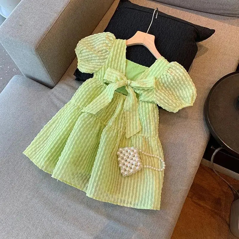 Short Sleeve Open Back Bow Princess Dress