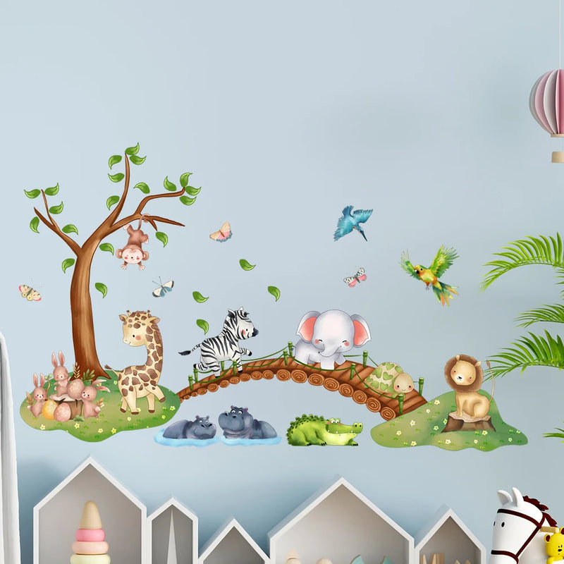 Cartoon Animal Elephant Zebra Giraffe Bridge Wall Sticker