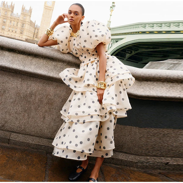 Dot Pleated Chic Puff Sleeve O-neck Crop Top High Waist Long Skirt