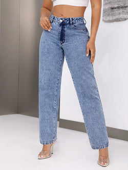Straight High Waist Ankle Length Denim Vintage Washed Jean Loose Fit Pockets