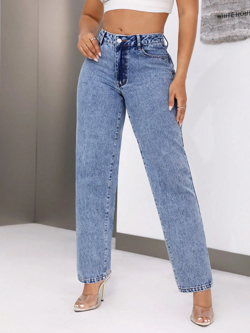 Straight High Waist Ankle Length Denim Vintage Washed Jean Loose Fit Pockets