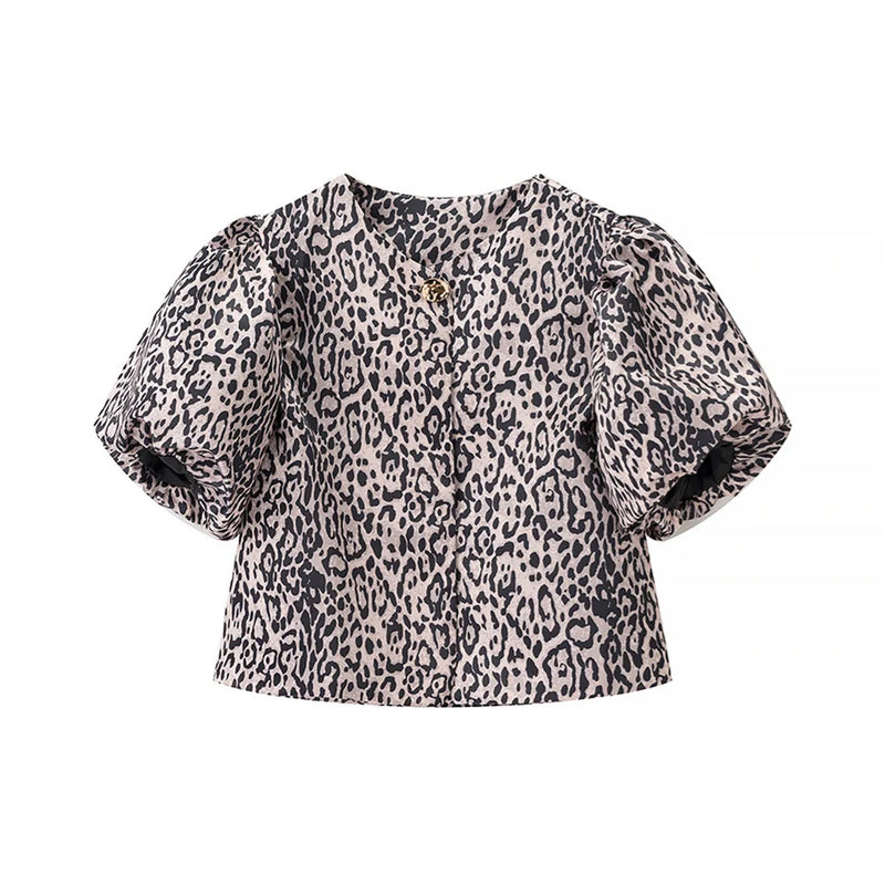 Casual Bubble Sleeve Shirt Round Neck Button