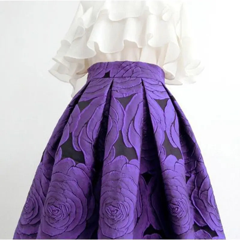 Purple Floral Elegant Chic High Waist Knee-Length Long Skirt