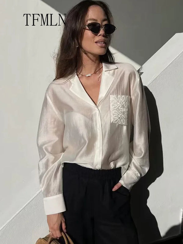 Embroidery Lapel Single Breasted Loose Causal High Long Sleeve Tops
