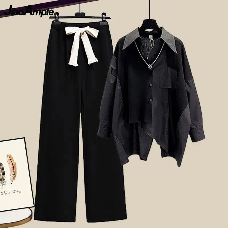 Splicing Shirt+Elastic Waist Wide Leg Pants Two Piece