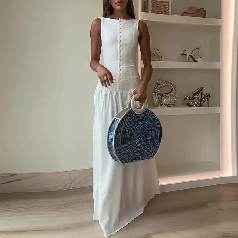 Summer Breasted Sleeveless Boat Neck Maxi Bodycon Casual Dress