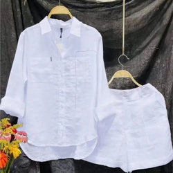 Summer Cotton Linen White Long Sleeve Shirt And Shorts Tracksuit