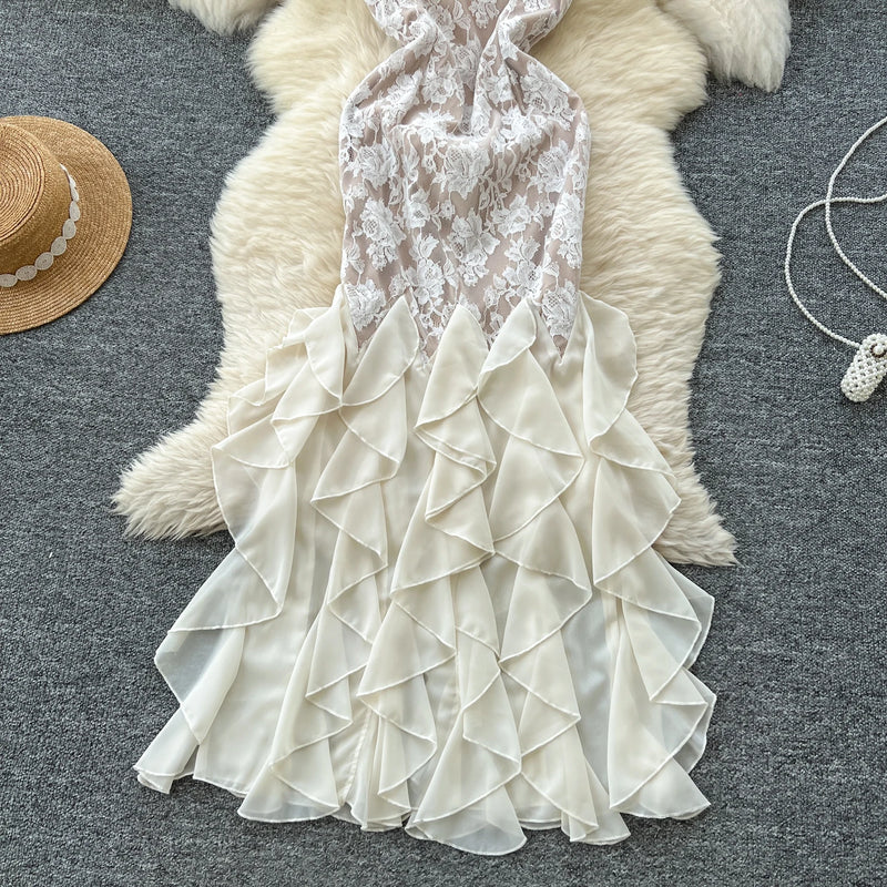 Chic Elegant Vintage pencil slim lace ruffle Spliced dress