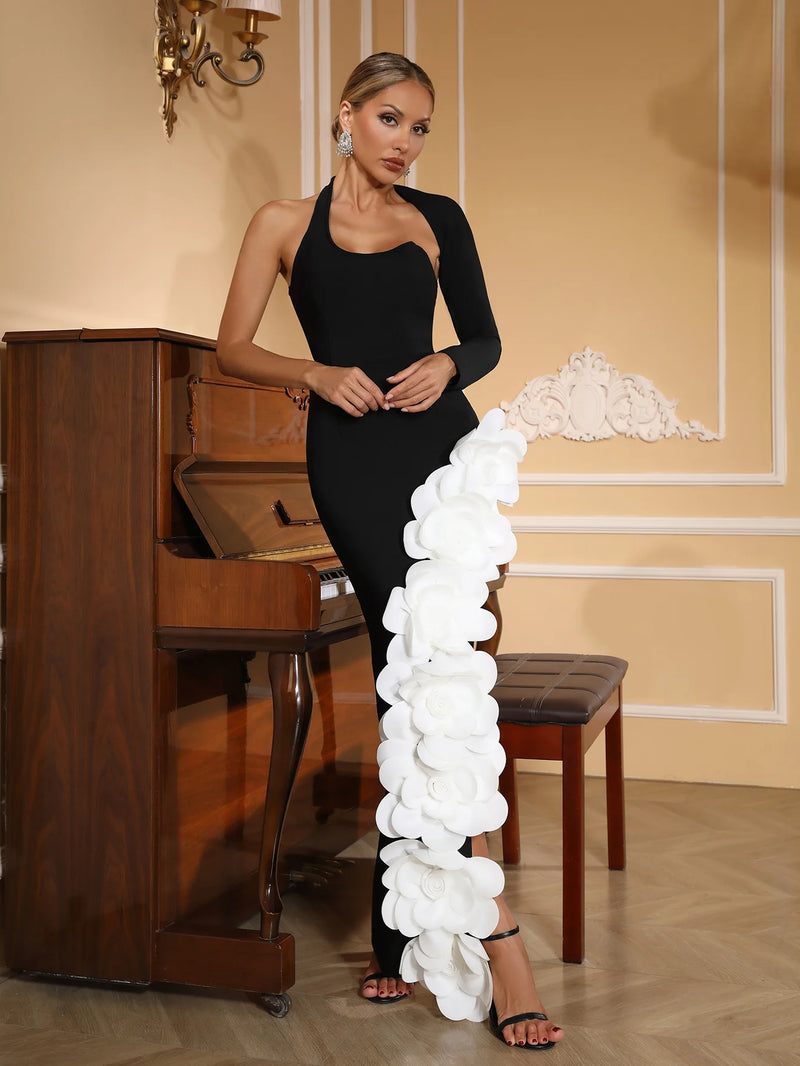 Appliques Flowers One Shoulder Sexy High Split Dress