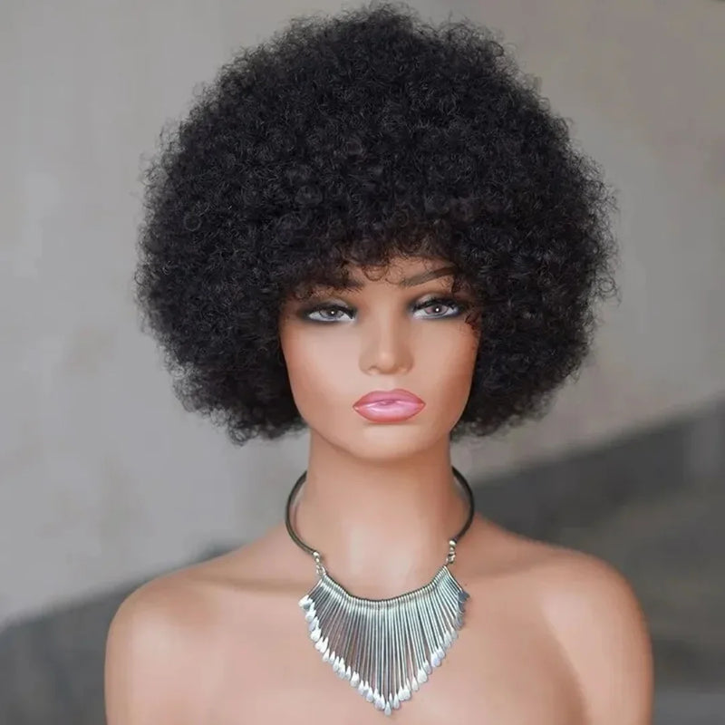 Pixie Short Afro Curly Bob 100% Human Hair Wigs With Bangs