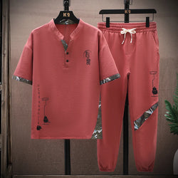 Cotton Linen Blend Short Sleeve V-neck T Shirts Pants