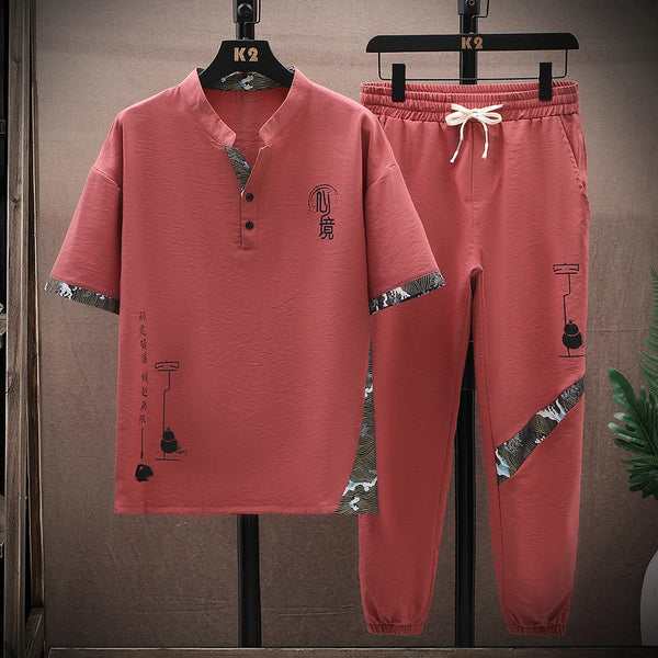 Cotton Linen Blend Short Sleeve V-neck T Shirts Pants