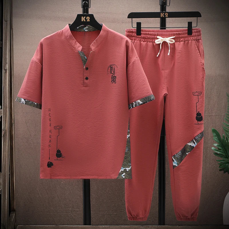 Cotton Linen Blend Short Sleeve V-neck T Shirts Pants