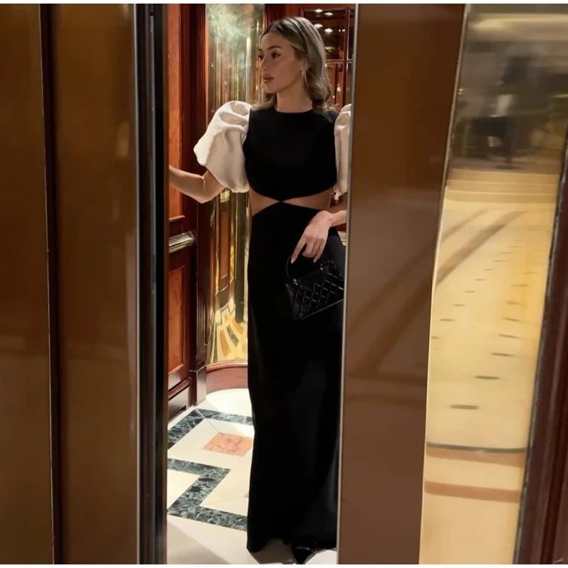 Elegant Puff Sleeve Hollow Out Waist Dress
