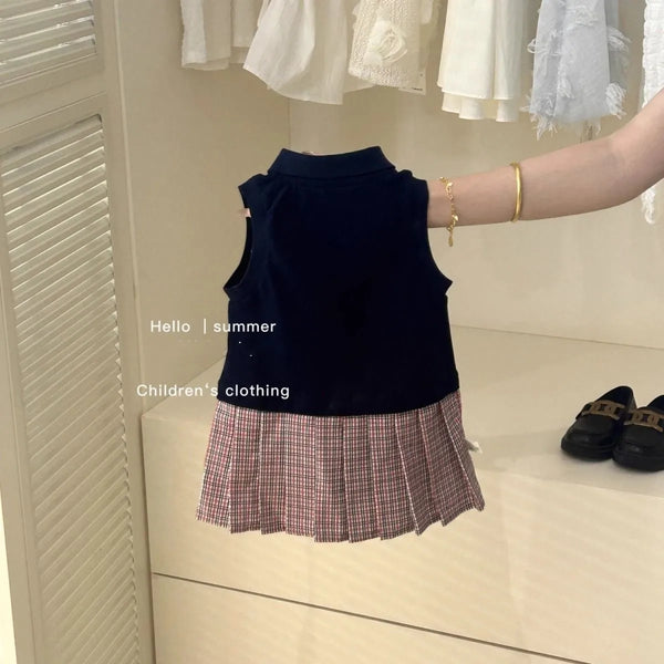 Tank Top Polo Collar Grid pleated Princess Dress