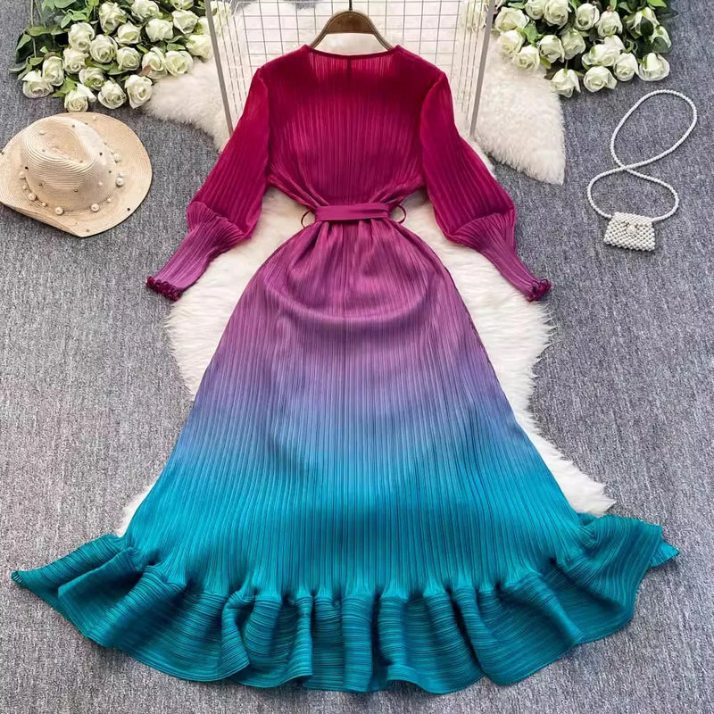 Ruffles Splice Gradient Color Pleated Dresses