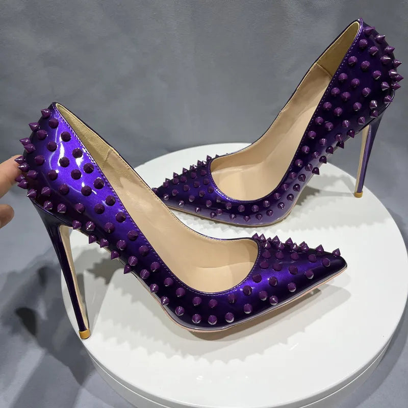 Purple Spikes Rivets Pointed Toe High Heels
