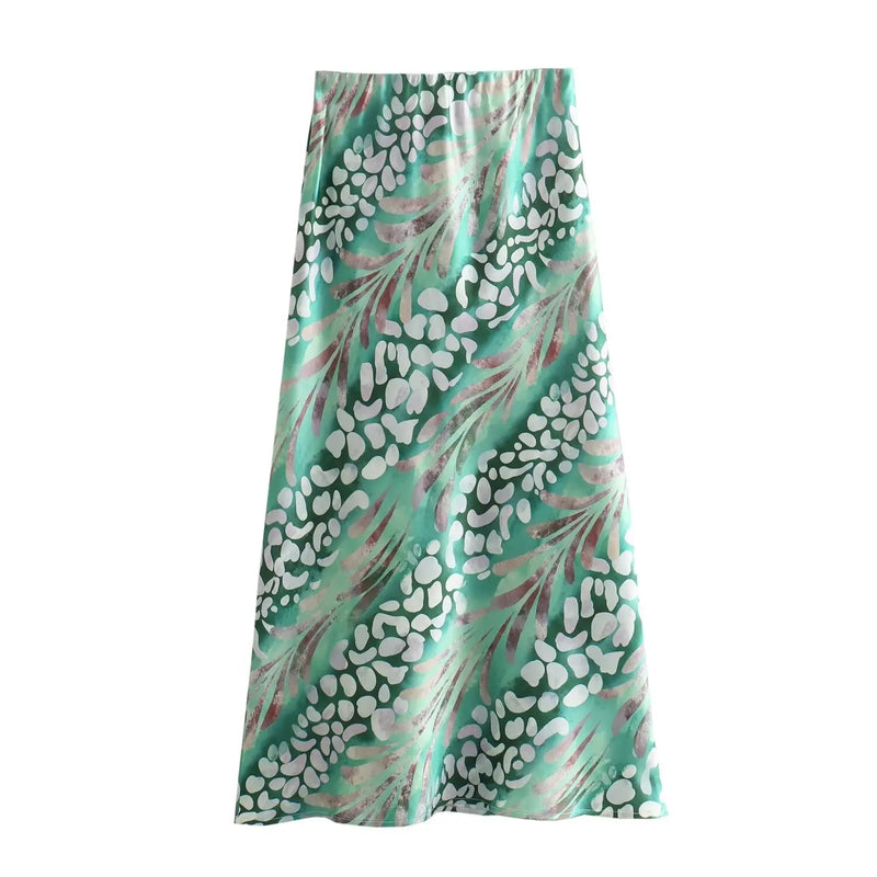 Print Satin Top and Skirt Zipper High Waist