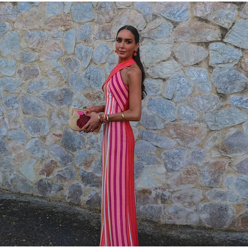 Contrast Striped Halte Off Shoulder Sleeveless Backless Slim Dress