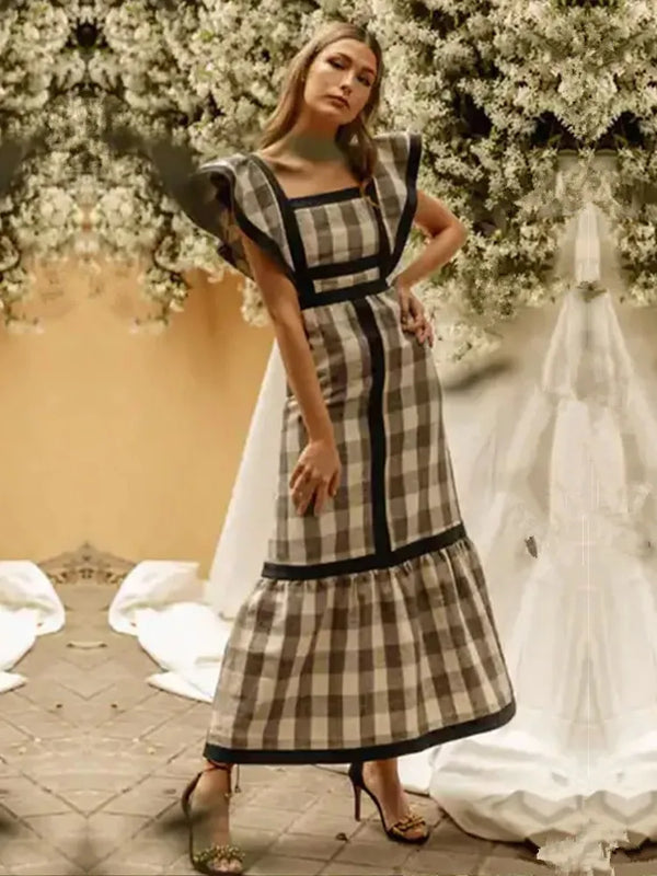 Vintage Square Collar Patchwork Maxi Summer Dress