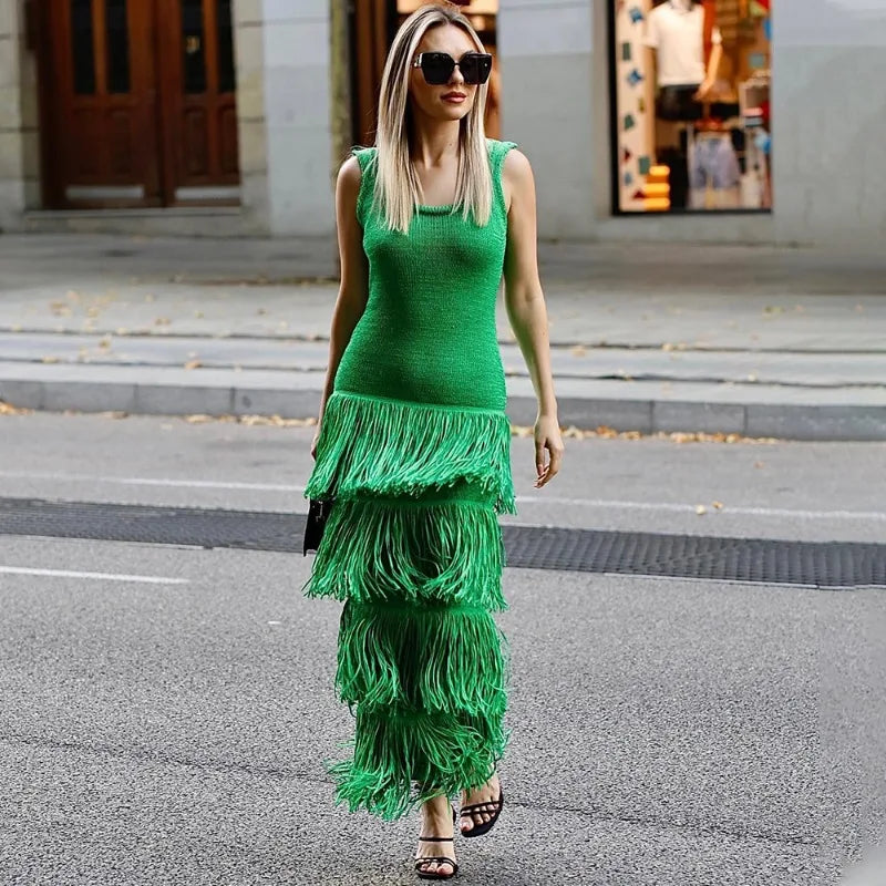 Knitted High Waisted Sleeveless Tassel  Elegant Dress