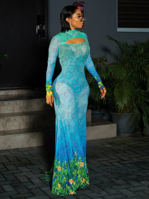 Printing Slim Cleavage Hollow Out Backless Maxi Dress