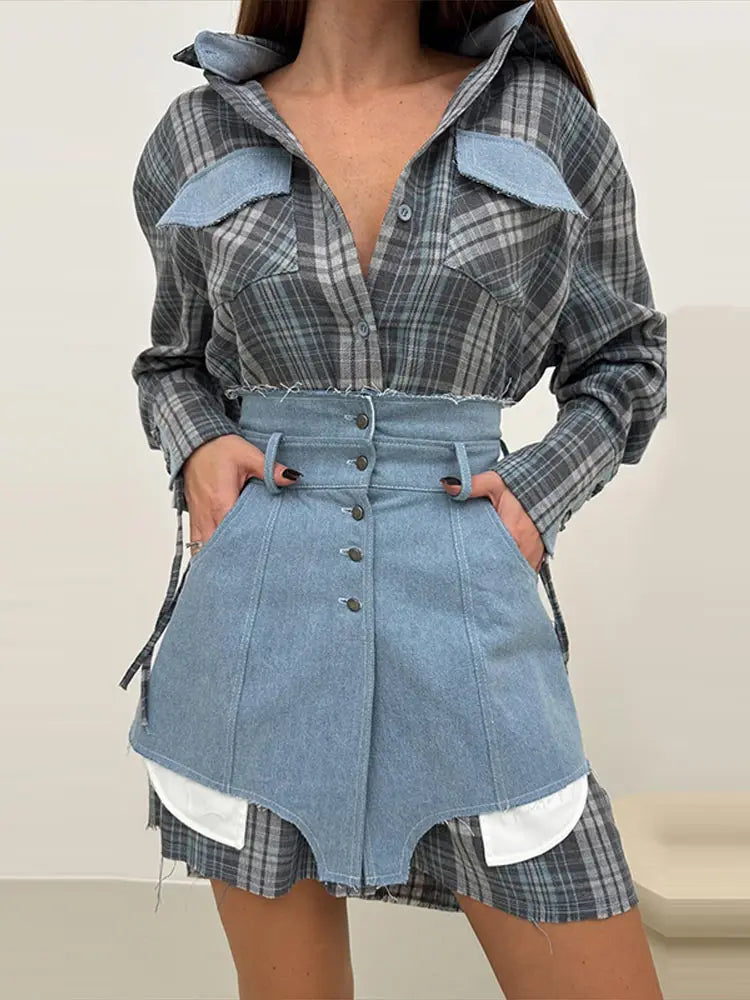 Blocked Shirt Waist Cinching Irregular Hem Short Skirt