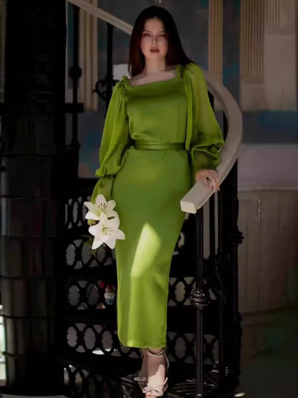 Elegant Green High Waist Dress