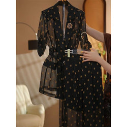 Embroidery Sheer Short Sleeved Lace Up Jacket+Wide Leg Pants