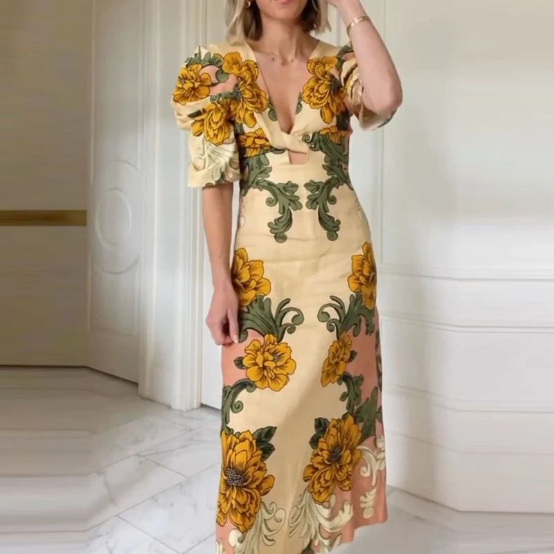 Retro Floral V Neck Hollow Draped Half Puff Sleeve Bohemian Dress