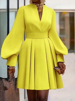 Pleated A-Line Long Sleeves V-Neck Mini Dress
