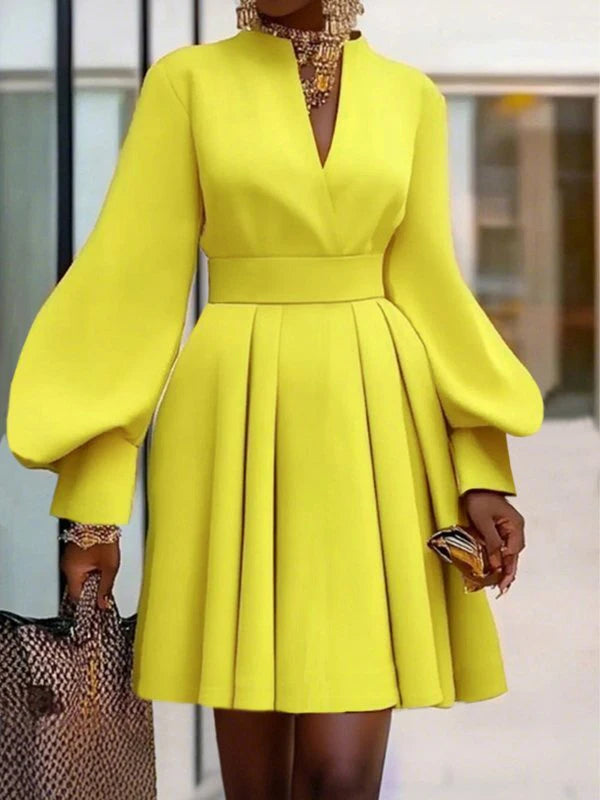 Pleated A-Line Long Sleeves V-Neck Mini Dress