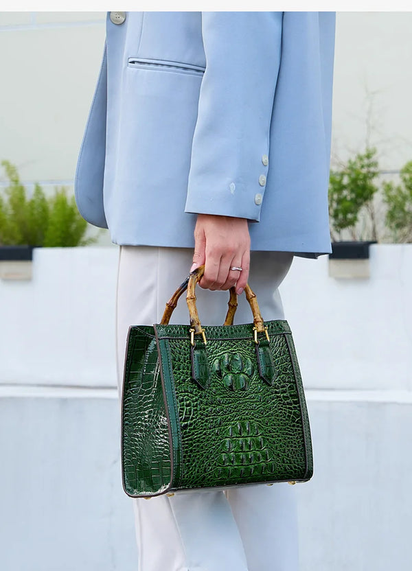 Leather Real Bamboo Crocodile Pattern Handbag