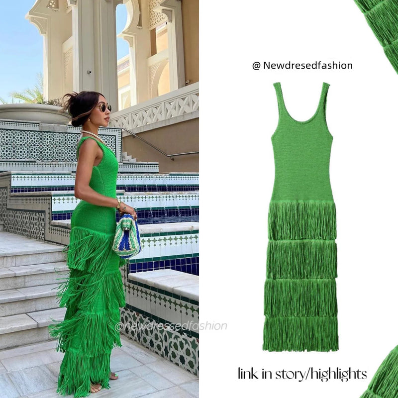 Elegant Knitted Fringed Tank Sleeveless  Dress