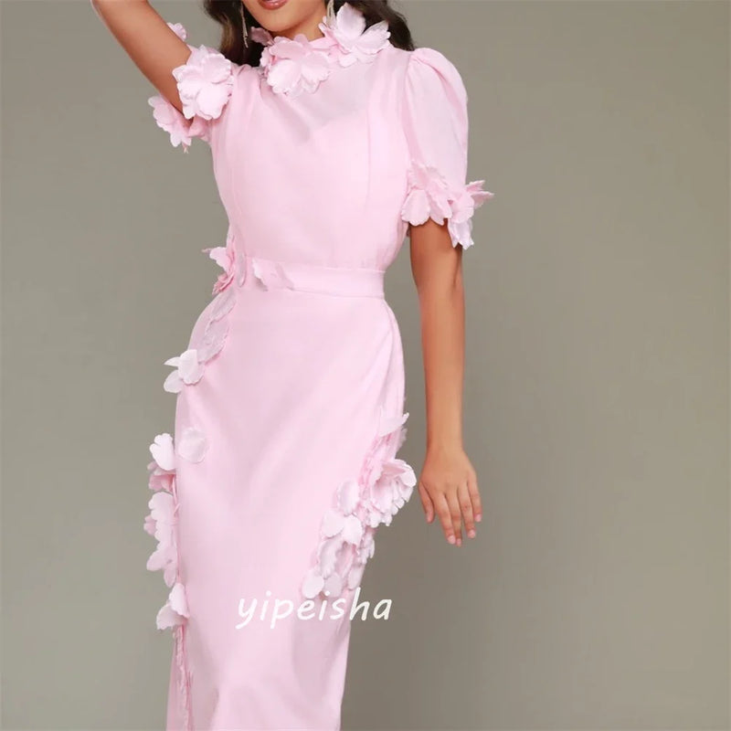 Elegant High Collar Straight Flowers Dress