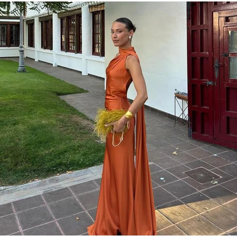 Elegant Solid Ribbon Off Shoulder Sleeveless Backless Slim Dress