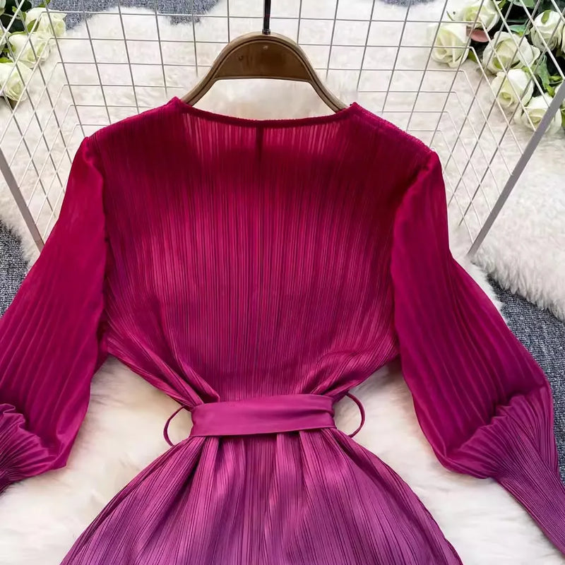 Ruffles Splice Gradient Color Pleated Dresses