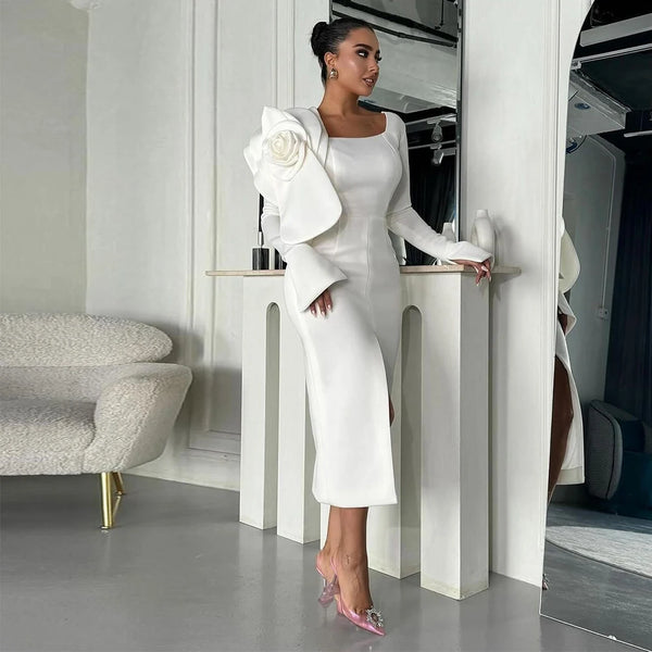 Elegant White Satin Handmade Flower Sheath Square Neck Dress
