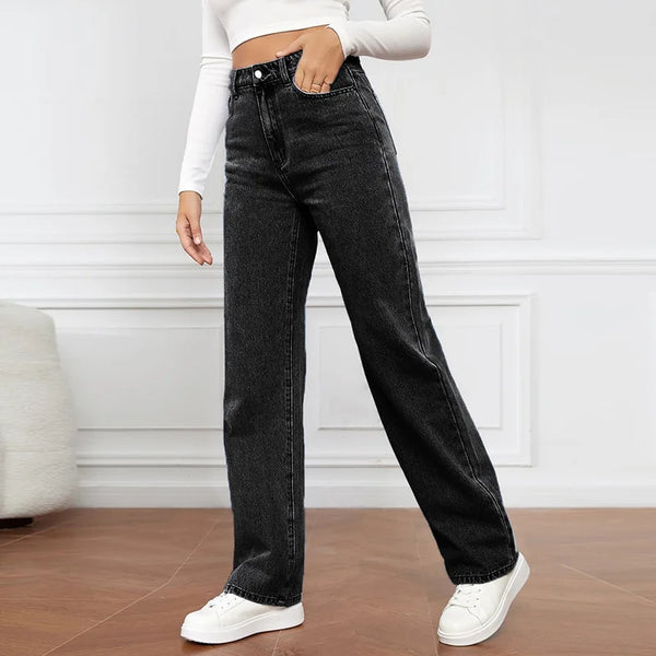 Washed High-waisted Casual Wide-leg Pants Denim