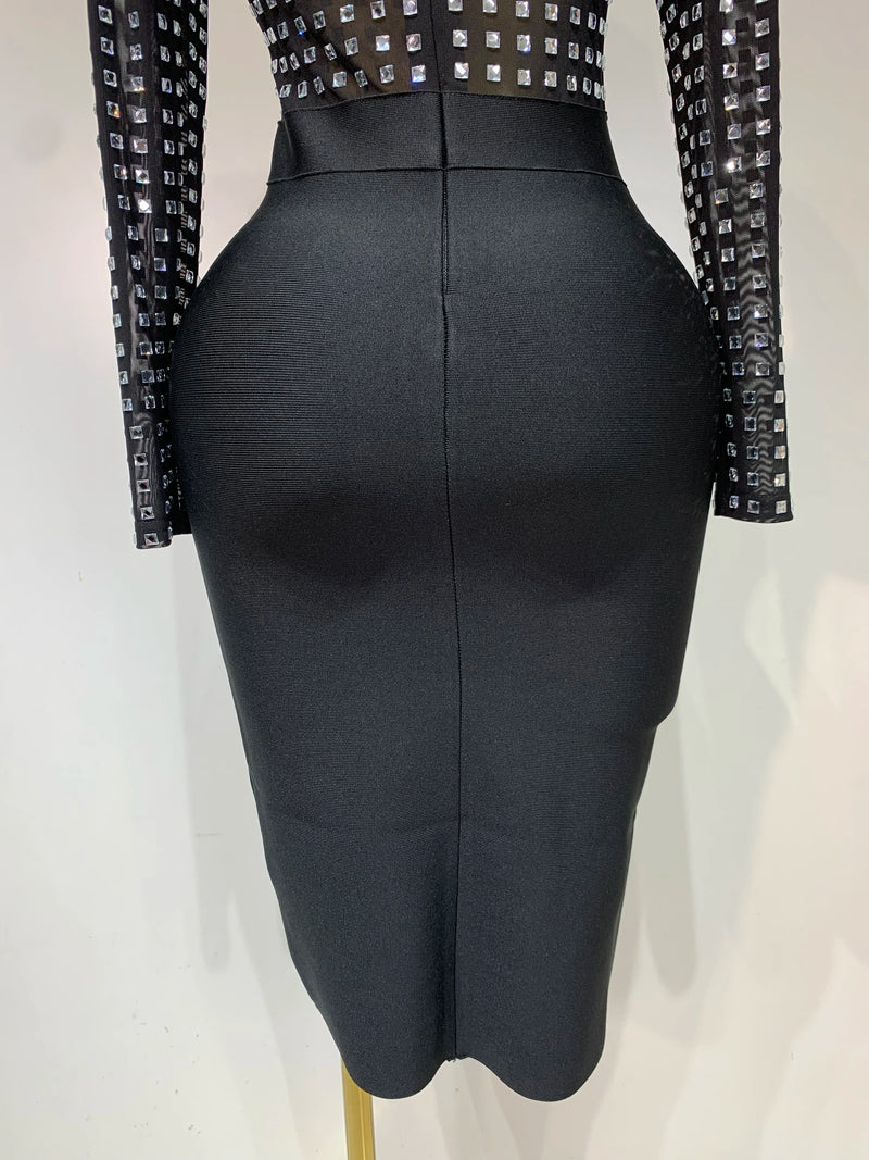 Elegant Turtleneck Rhinestones Black Mesh Bodycon Bandage Dress