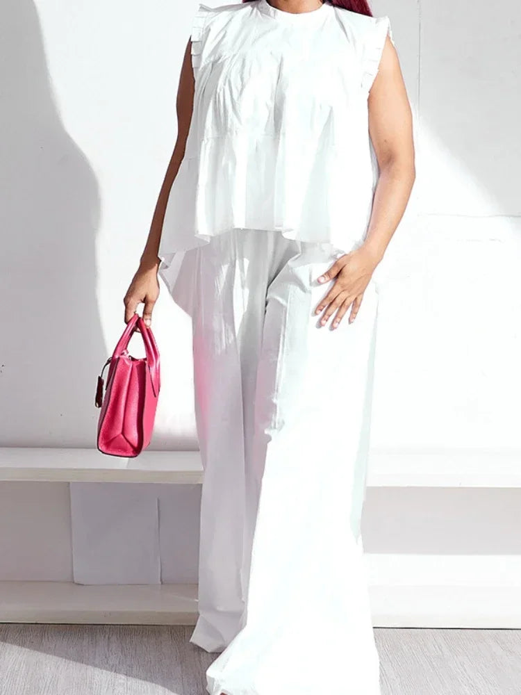 Ruffles Shoulder Loose Blouse and Wide Leg Pants
