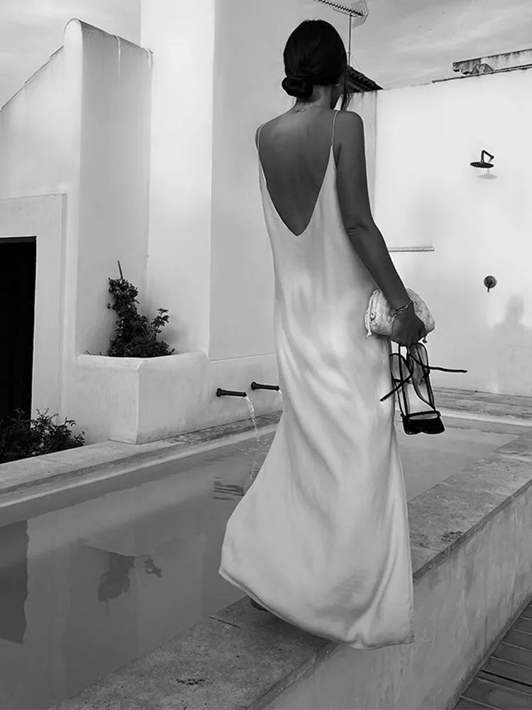 Satin Long Causal U-neck Sleeveless Slim Fits Dress