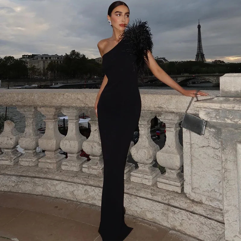 Elegant Black Sleeveless One Shoulder Long Dress