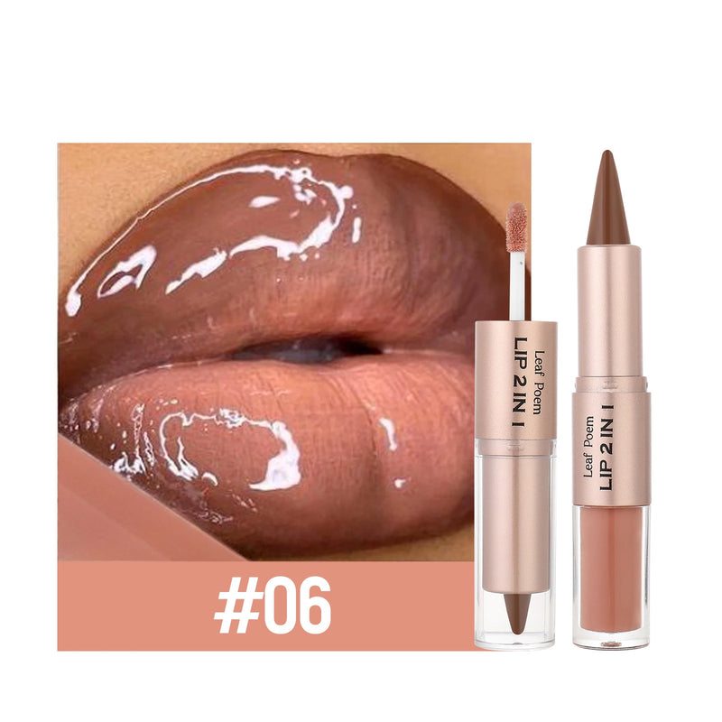 2 IN 1 Nude Brown Pink Mirror Lip Gloss Contour Pencil Matte Lipliner