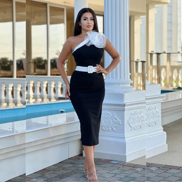 Exquisite Pleat Flower Column One-shoulder Midi Dress