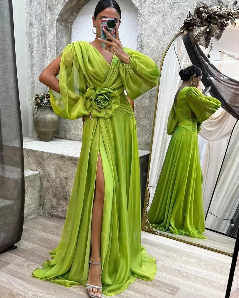 Charming Chiffon V Neck Flower A Line Long Dress