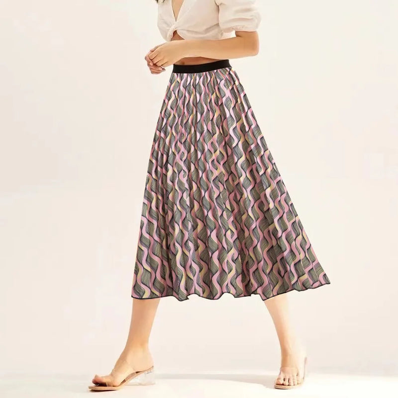 Printed elastic mid length A-line pressed pleated skirt