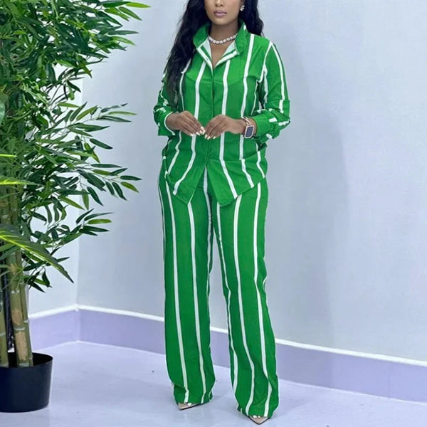 Stripe Long Sleeved Shirt Wide Leg Pants Two Piece