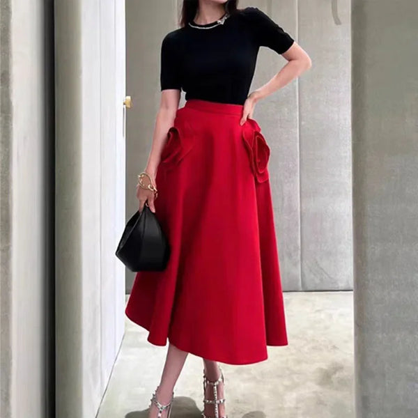 Elegant Style High-Waisted Rose Big Bloom Skirt