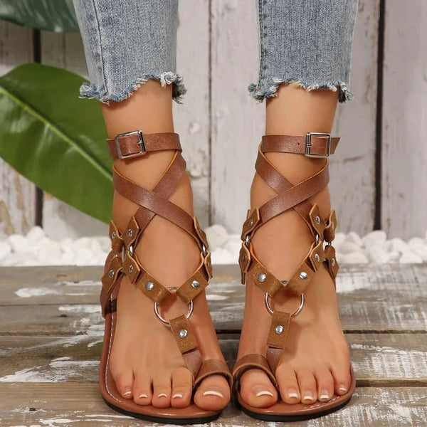 Rivet Buckle Strap Flat with Ankle-wrap Sandals